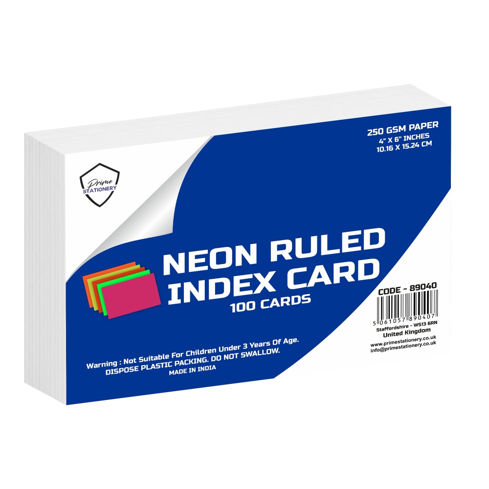 Prime Index / Record Cards Neon Ruled 6'' x 4'' 100 Cards 250GSM